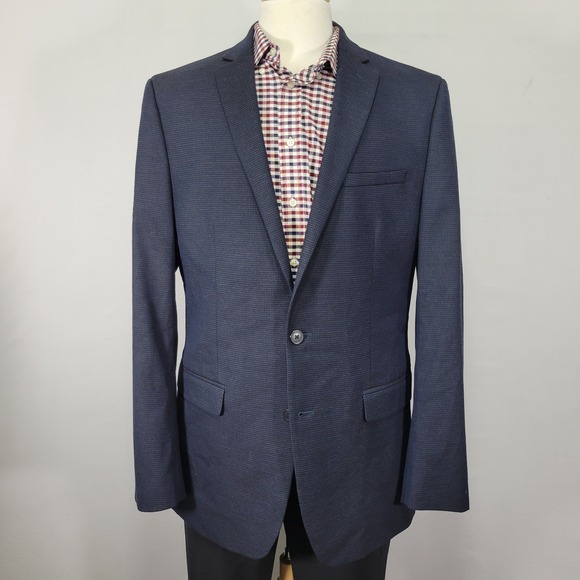 Van Heusen Flex Mens Sport Coat Blazer Two Button Navy Houndstooth Polyblend 44L